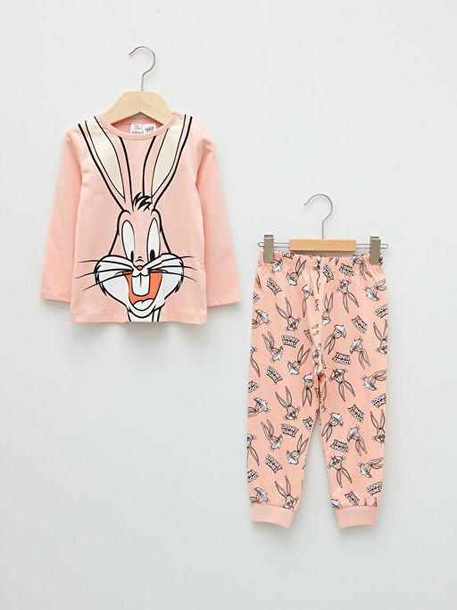 Bisiklet Yaka Uzun Kollu Bugs Bunny Bask?l? Pamuklu K?z Bebek Pijama Tak?m?