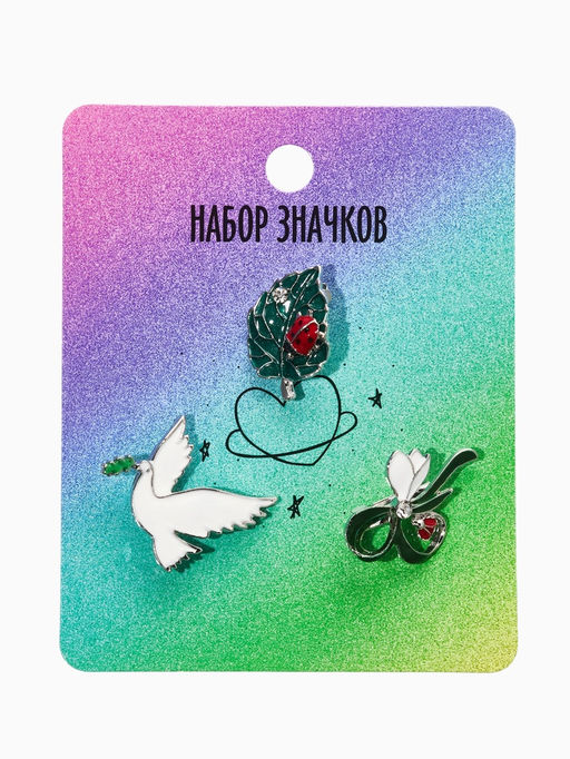 Броши "Голубь, листик, подснежник" (набор 3шт), цветной в серебре