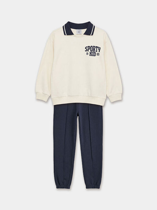 Polo Yaka Bask?l? Erkek ?ocuk Kal?n E?ofman Tak?m?