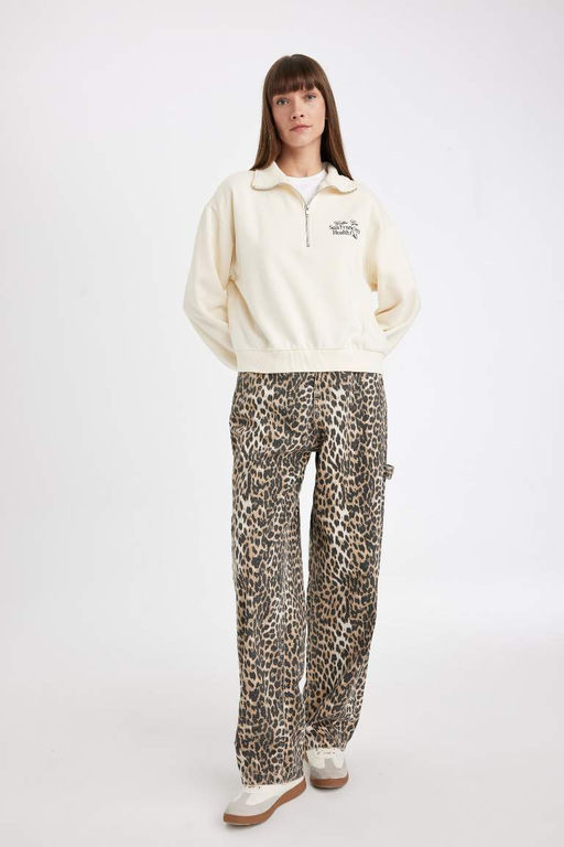 Толстая толстая толстовка с высоким воротником и высоким воротником обычного кроя с принтом и полумолнией - Defacto фото 2