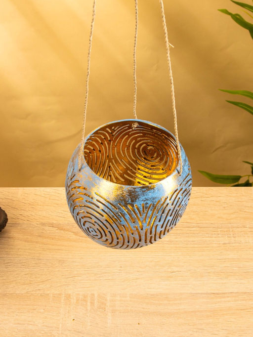 Подсвечник подвесной из кокоса, 12×12×8.5 см, голубой-золотой