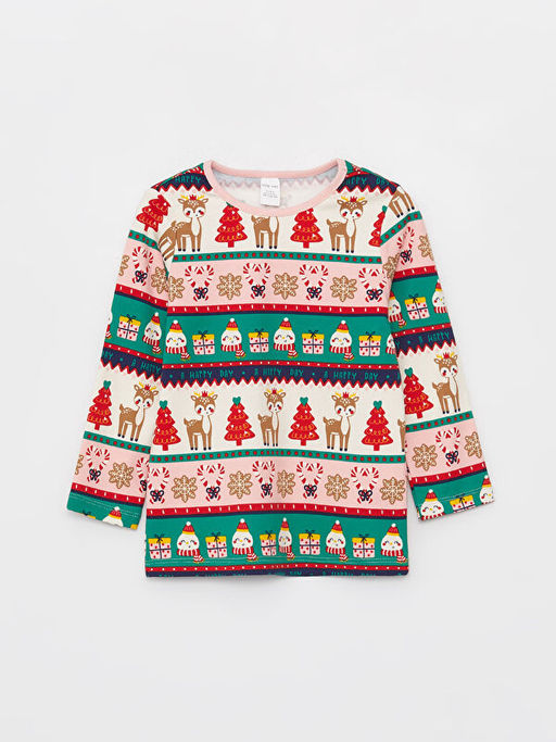 Bisiklet Yaka Uzun Kollu Y?lba?? Temal? K?z Bebek Pijama Tak?m?