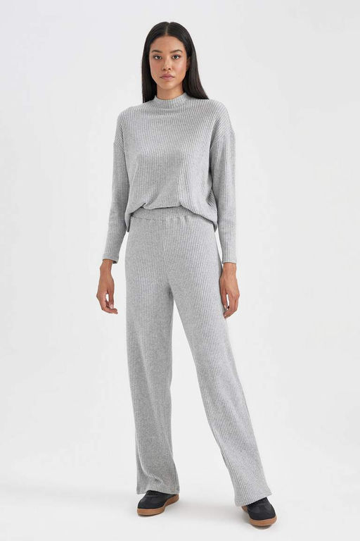 Ребристая футболка с длинными рукавами и круглым вырезом Relax Fit - Defacto фото 5