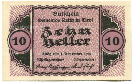 Банкнота 10 геллеров 1920 года Австрия Райт (нотгельд)