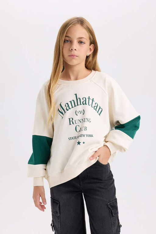 Толстовка оверсайз с широким кроем и круглым вырезом для девочек с принтом и надписью - Defacto фото 3