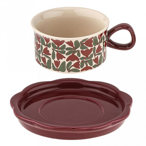 "Вдохновленные цветами" Чашка фарфоровая 250мл, д9,9см h5,5см, с блюдцем д16см h2см, общая h6,5см, глянцевая глазурь, с деколью "Красная роза", волнистый край, отводка, в коробке (Китай)