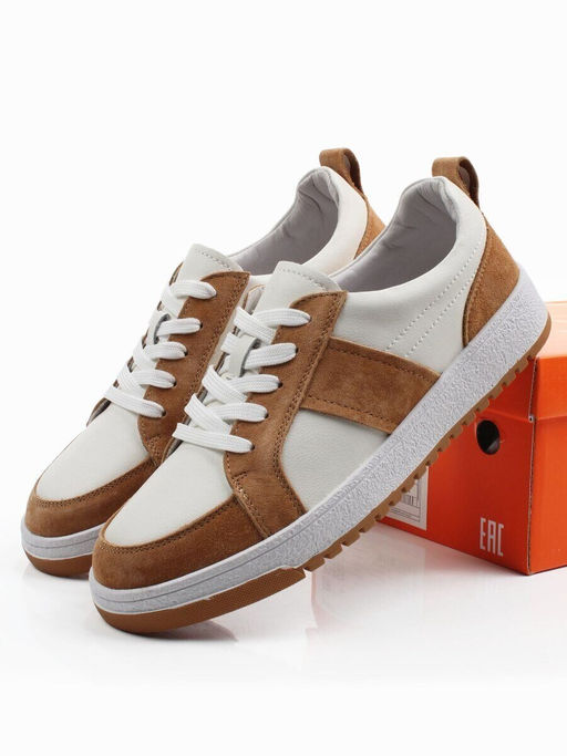 03-C934-5 WHITE/BROWN Кеды кожаные женские (натуральная кожа, натуральная замша)