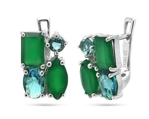 Серьги из серебра зеленый агат, лондон топаз кварц, Модерн