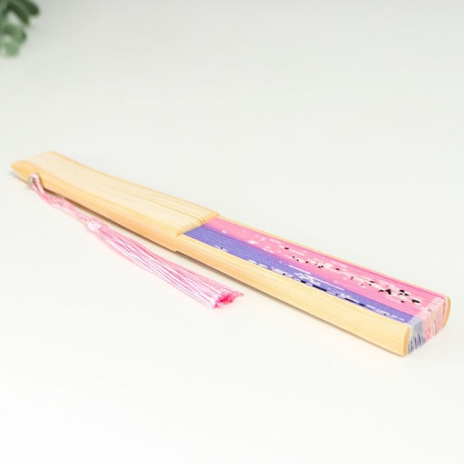 Веер складной с кисточкой h=21 см Бабочки в сакуре, сиренево-розовый