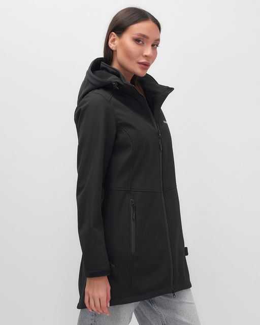 Парка спортивная женская с капюшоном softshell черного цвета 9568Ch