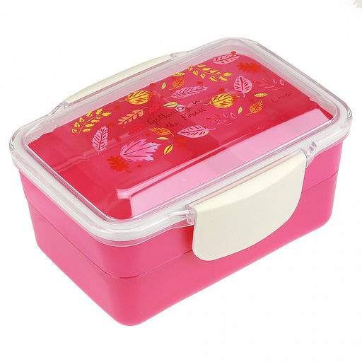 Ланч-бокс для продуктов пластмассовый Офисный обед 18,5х14,5см h10см, 2 уровня: 0,5л 17,7х11,8см h3,5см; 0,7л, 17х11,2см h5см, с ложкой 13,5см, крышка прозрачная, с клипсами, с уплотнителем, матовый пластик, цвета в ассортименте: фуксия, синий, жел - Домашняя мода фото 3