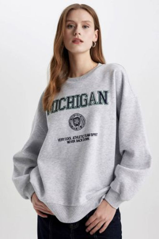 Oversize Genis Kal?p Bisiklet Yaka Bask?l? Kal?n Sweatshirt