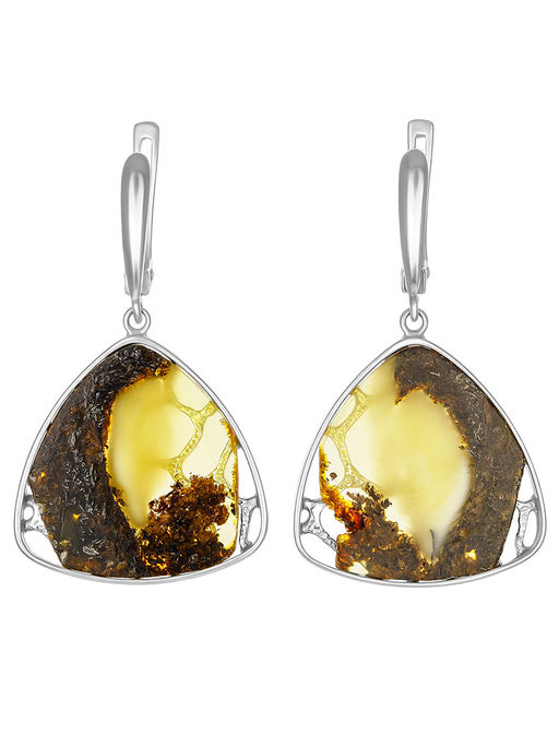 Крупные треугольные серьги с натуральным янтарём Модерн