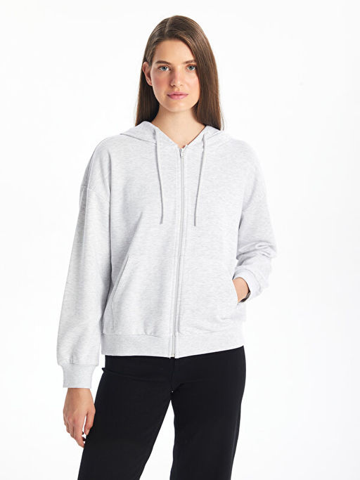 Kap??onlu D?z Oversize Kad?n Fermuarl? Sweatshirt