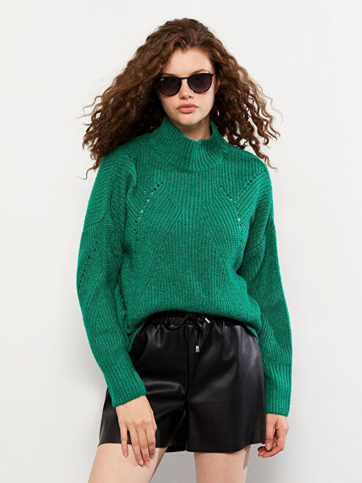 Yar?m Bal?k?? Yaka Kendinden Desenli Uzun Kollu Kad?n Triko Kazak