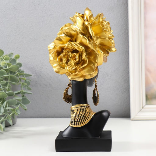 Фигурка полистоун «Бюст. Африканка с золотыми розами в волосах, с ожерельем», чёрный, 24×10×11 см