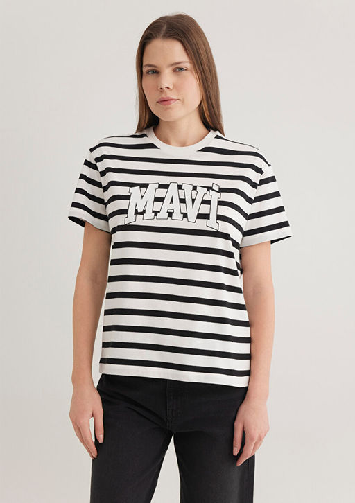 Mavi Logo Bask?l? Siyah Cizgili Tisort  фото 4