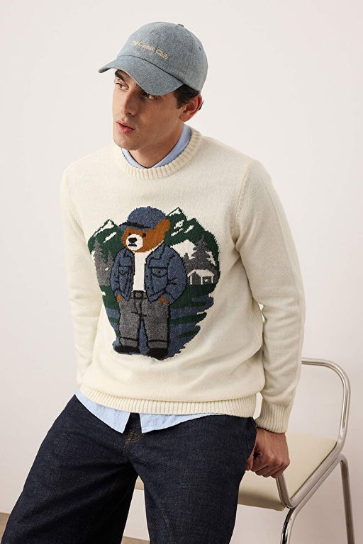 Ekru Regular Bisiklet Yaka Animal Ay_c_k Kazak TMNAW26KZ00007 - Trendyolmilla фото 2
