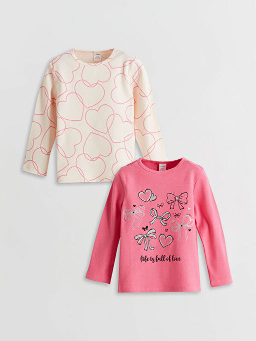 Bisiklet Yaka Bask?l? K?z ?ocuk Ti??rt 2li