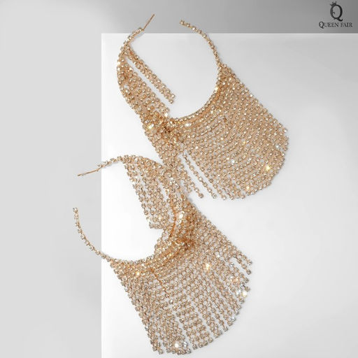 Серьги висячие со стразами Водопад нити на крупных кольцах, цвет белый в золоте, 12см - Queen fair фото 2