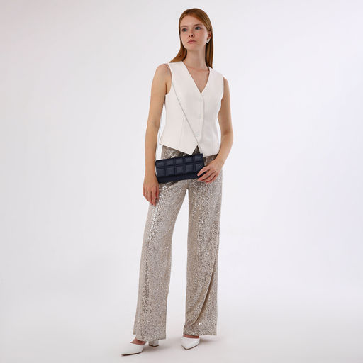 Сумка-клатч женская на магните, с серебристой цепочкой, однотонная, со стёжкой, синяя