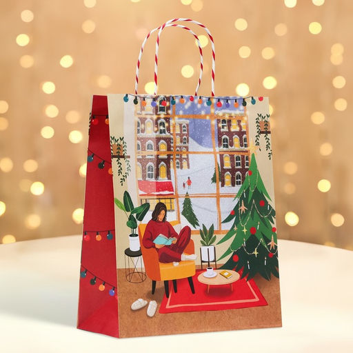 Пакет бумажный подарочный новогодний крафт "Новогодний уют" 26 х 32 х 12 см.