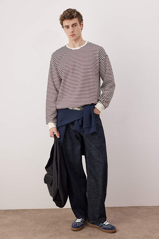 Bordo Oversize/Geni_ Kesim _izgili __i Polarl_ Pamuklu Sweatshirt TMNAW24SW00065 - Trendyolmilla фото 2