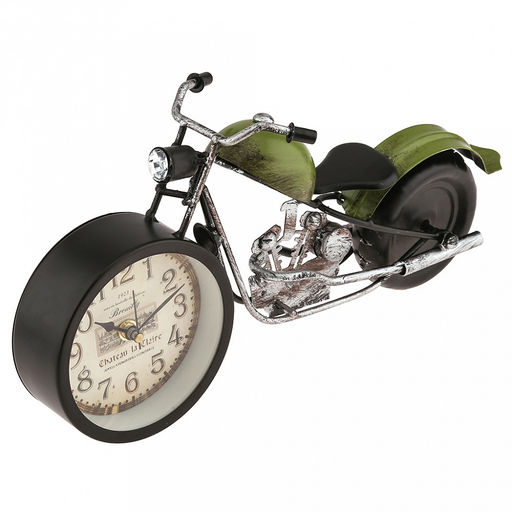 Часы настольные интерьерные "Мотоцикл" 30х8х15см, циферблат с рисунком, бежевый; цифры арабские, черный; фара - кристалл, корпус металл, черный матовый/зеленый; в коробке (Китай)