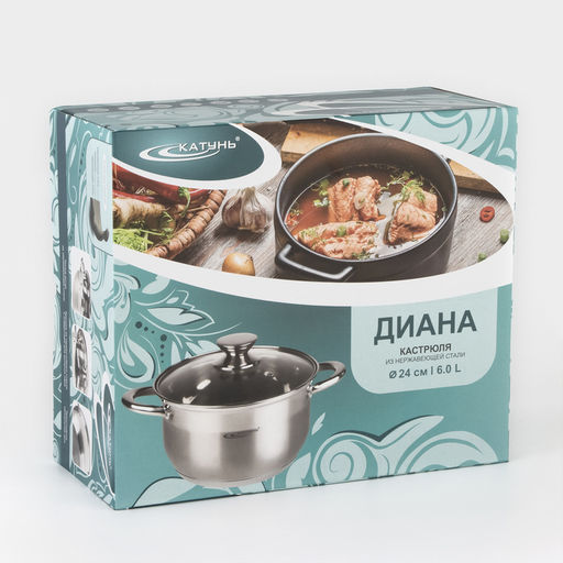 Кастрюля Катунь «Диана», 6 л, d=24 см, с крышкой, капсульное дно, индукция, нержавеющая сталь, AISI - 201, хромированная