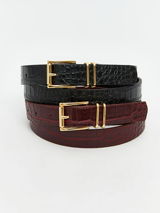 Deri G?r?n?ml? Kroko Desenli Kad?n Kemer 2li