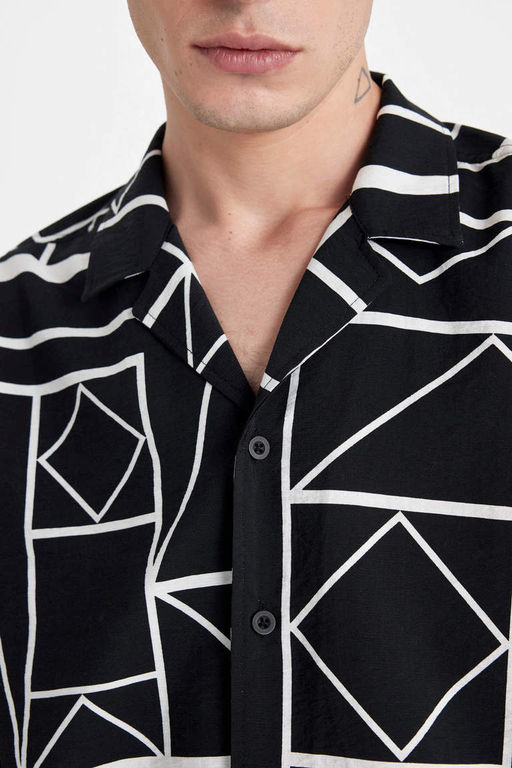 Рубашка из вискозы с коротким рукавом и принтом, вязаный крючком воротник Relax Fit - Defacto фото 5