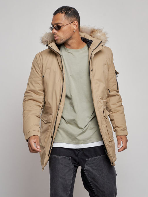 Парка мужская зимняя удлиненная с мехом бежевого цвета 8318B - Wonderrman фото 9