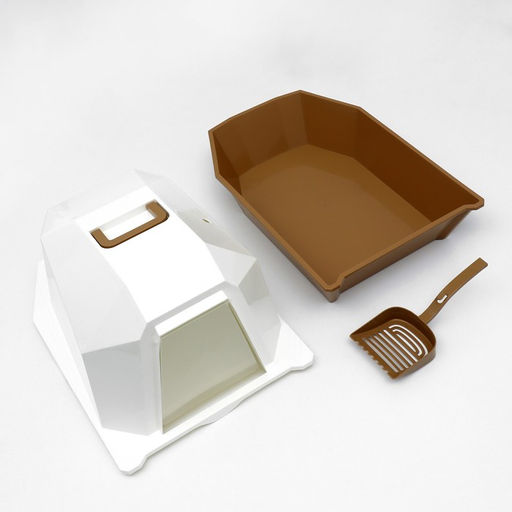 Туалет для кошек фигурный закрытый с совком, 54 х 37 х 40 см, бело-коричневый - Пижон фото 9