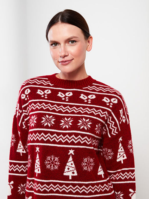 Bisiklet Yaka Y?lba?? Temal? Uzun Kollu Kad?n Triko Kazak