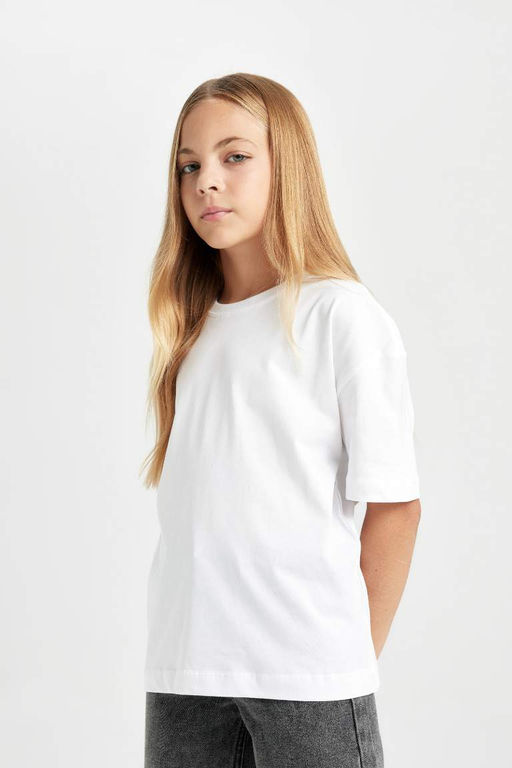 Базовая футболка оверсайз с круглым вырезом и короткими рукавами для девочек - Defacto фото 3