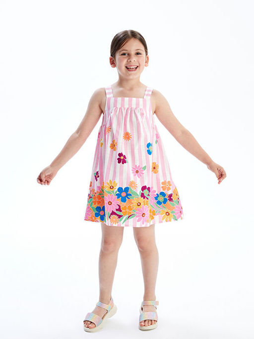 ?i?ekli K?z ?ocuk Keten Kar???ml? Elbise