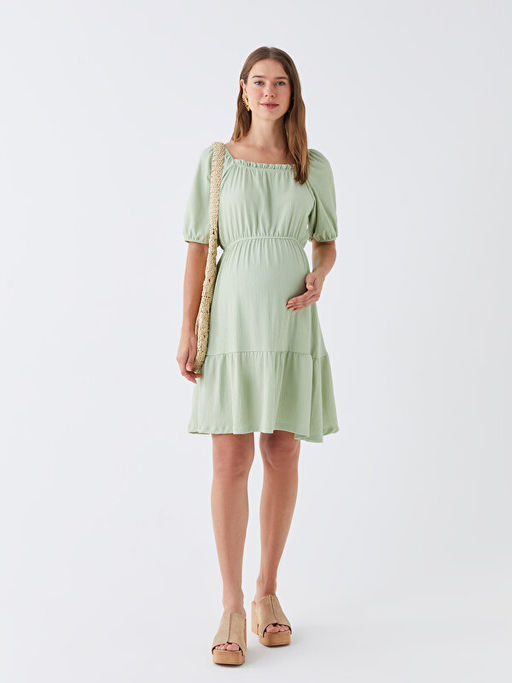 U Yaka D?z K?sa Kollu Hamile Elbise