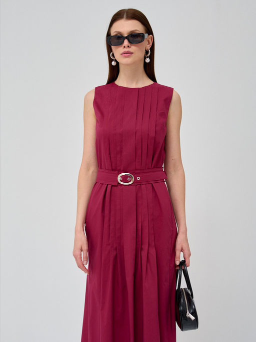 Платье хлопок с поясом бордовое