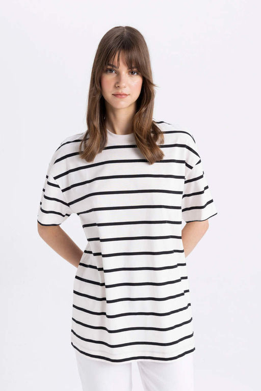 Полосатая футболка-туника с круглым вырезом и короткими рукавами - Defacto фото 3