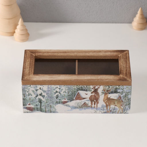Шкатулка для чая 2 деления Олени у заснеженного домика, дерево, 9.2?18?7 см