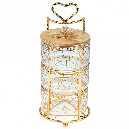 Блюдо-этажерка (конфетница, набор для холодца) стеклянное3-х секционное, 1 секция - 500мл д10,9см h6,3см, прозрачное стекло с деколью, одна бамбуковая крышка, ручка-кнопка "кристалл" с металлическим декором, металлическая подставка с ручкой, на ножка