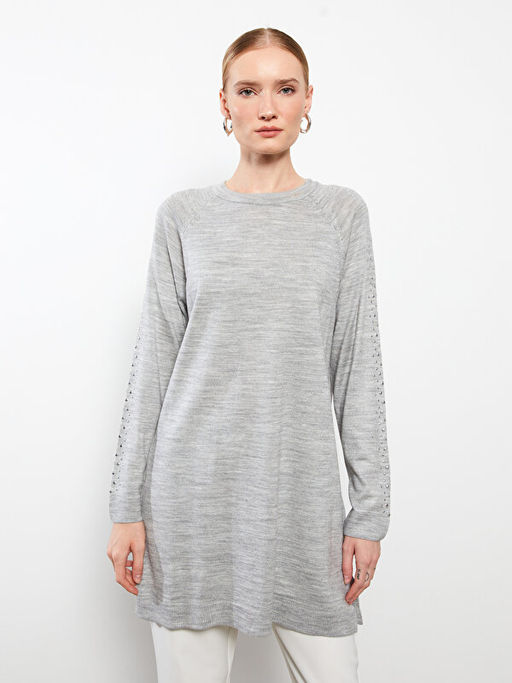 Bisiklet Yaka Ta?l? Uzun Kollu Kad?n Triko Tunik