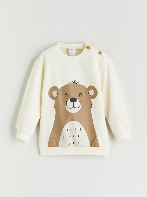 Bisiklet Yaka Bask?l? Erkek Bebek Sweatshirt ve Pantolon 2li