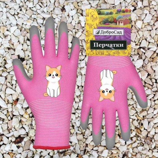 Цена за 2 шт. Перчатки нейлоновые детские "Little gardener-Котик" с полиуретановым покрытием полуоблитые, розовые M р-р ДоброСад