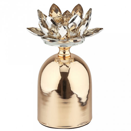 Подсвечник стеклянный "Лотос Янтарный" h17см, чаша д5,2см, h2см, отвинчивающаяся, нескользящее основание д8см, металлическая ножка, золотой, в коробке (Китай)