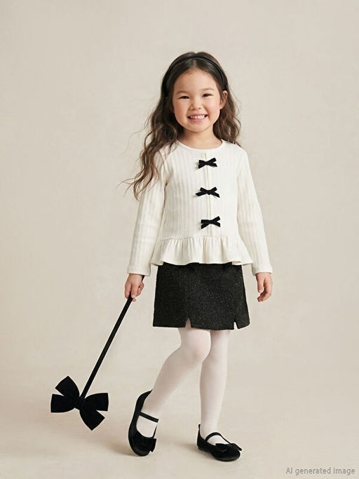 Bisiklet Yaka Fiyonk Detayl? K?z ?ocuk Ti??rt