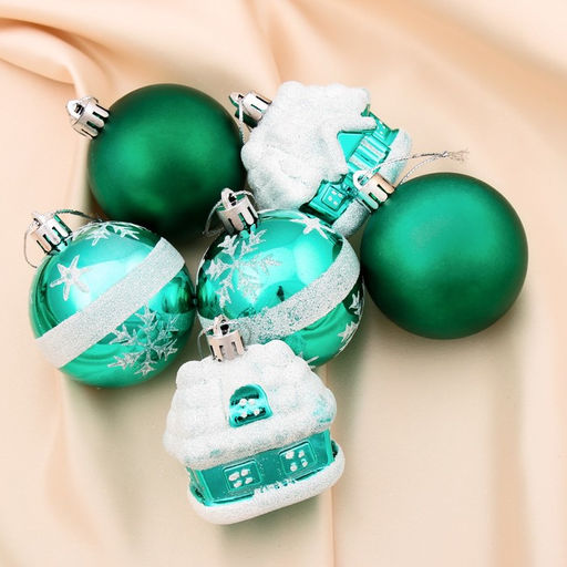 Ёлочные игрушки Домик, шары новогодние, набор 6 шт. (4 шара, 2 домика), 6 см, зелёный - Зимнее волшебство фото 2