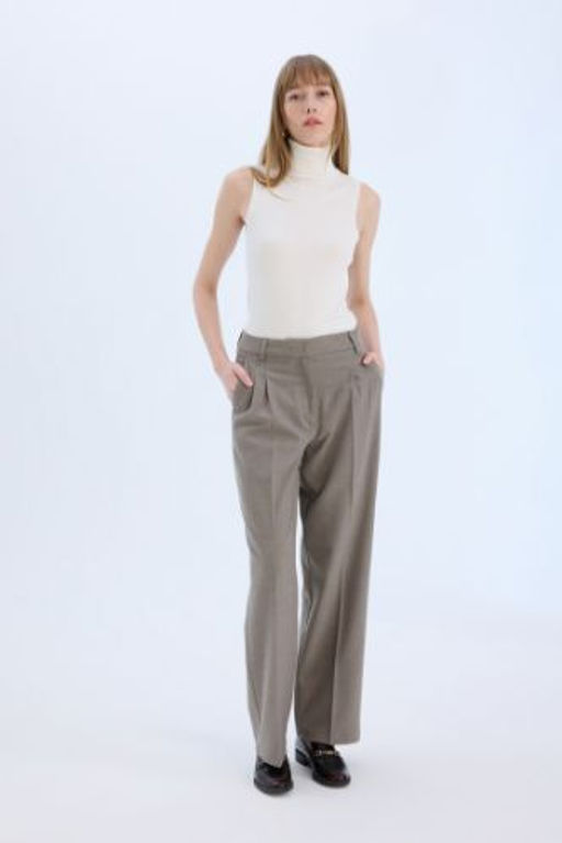 Wide Leg Yuksek Bel Genis Duz Paca Pensli Flanel Pantolon