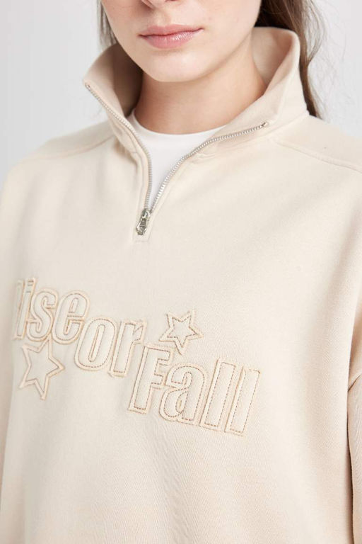 Женская свободная толстая толстовка с воротником-стойкой и половиной молнии с принтом - Defacto фото 5