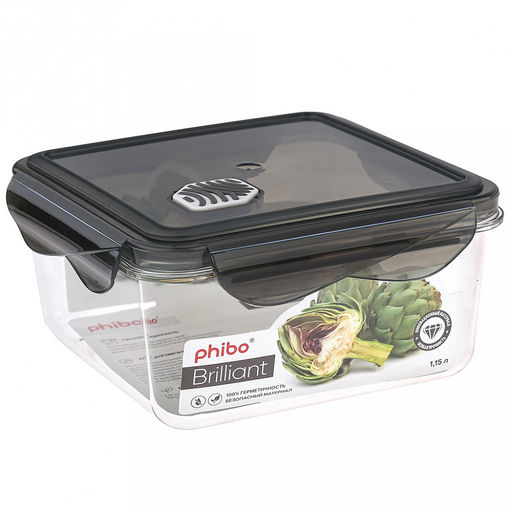 Контейнер для продуктов пластмассовый 1,15л Brilliant, 16х16х8см, квадратный, герметичный, ручки-клипса, черный, подходит для СВЧ, Phibo (Россия) - Домашняя мода фото 2